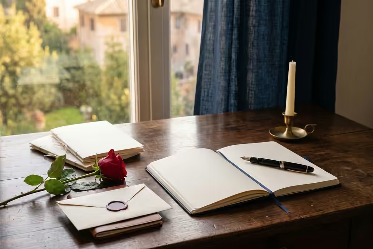Un tavolo di studio accanto alla finestra, con fascicoli, una lettera sigillata, una rosa e un quaderno aperto