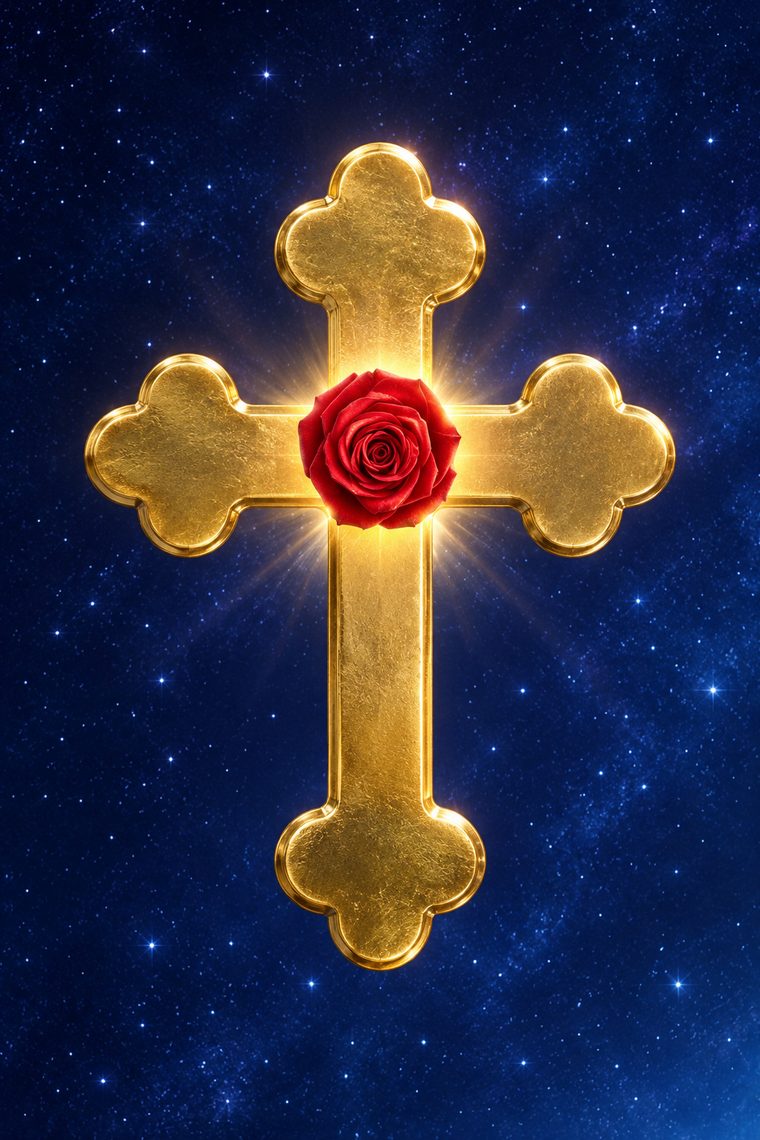 Croce dorata con una rosa rossa al centro, su un cielo stellato
